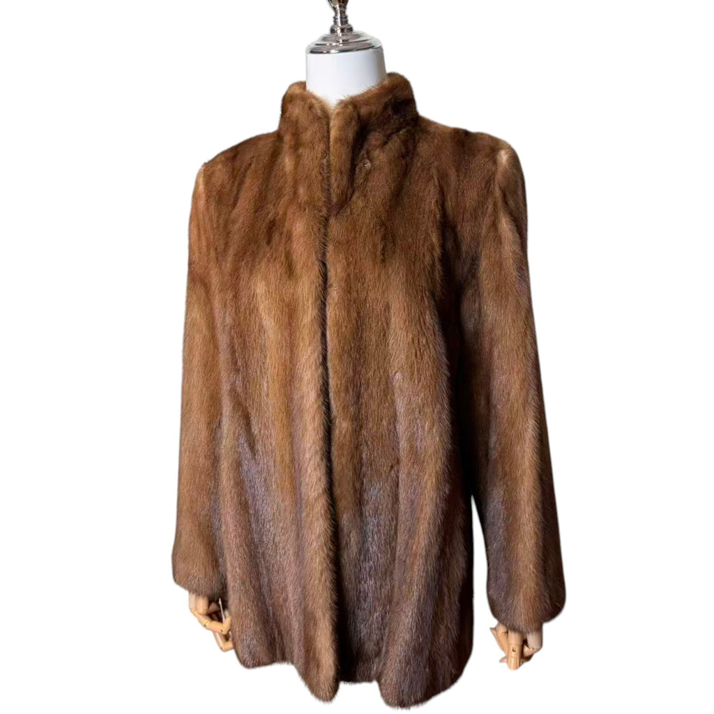 SAGA MINK GOLD LABEL LIGHT BROWN MINK FUR MID COAT STAND COLLAR SIZE L