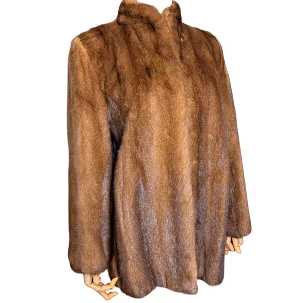 SAGA MINK GOLD LABEL LIGHT BROWN MINK FUR MID COAT STAND COLLAR SIZE L