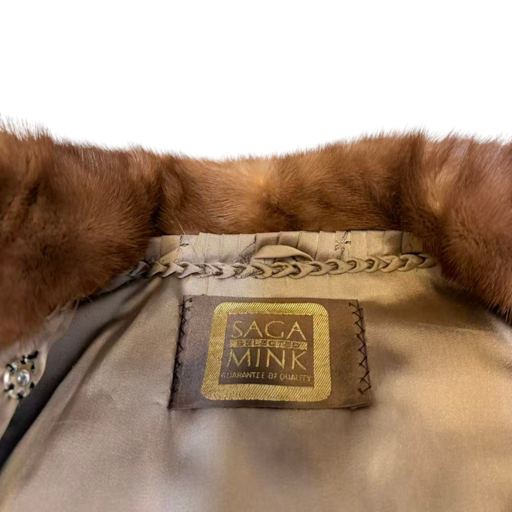 SAGA MINK GOLD LABEL LIGHT BROWN MINK FUR MID COAT STAND COLLAR SIZE L