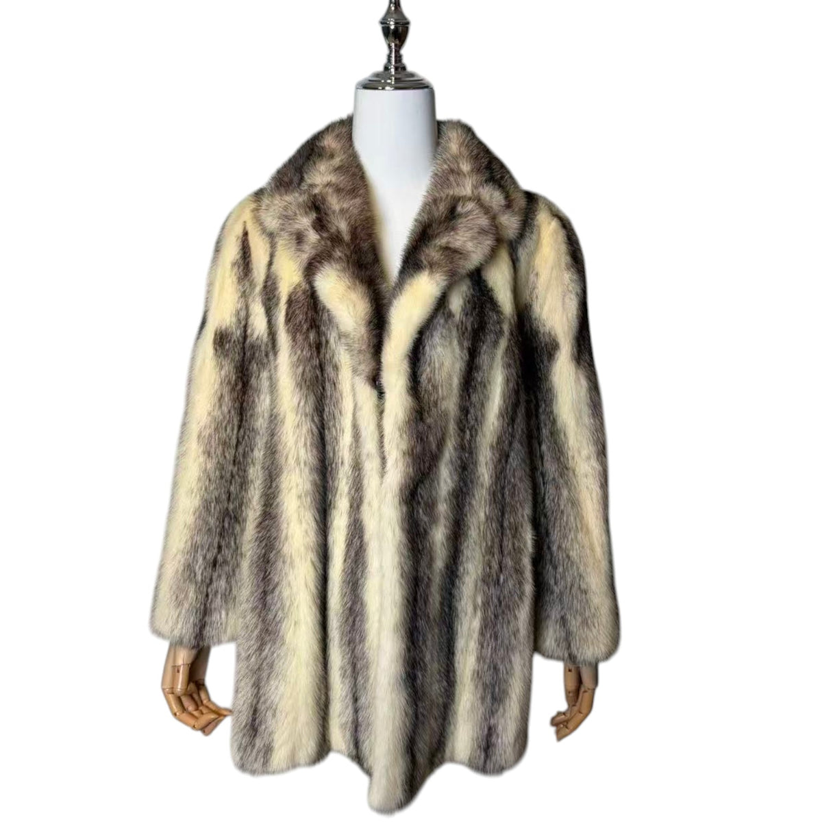 RARE CROSS MINK REAL FUR MID-LENGTH COAT JACKET GREY CREAM SHAWL COLLAR