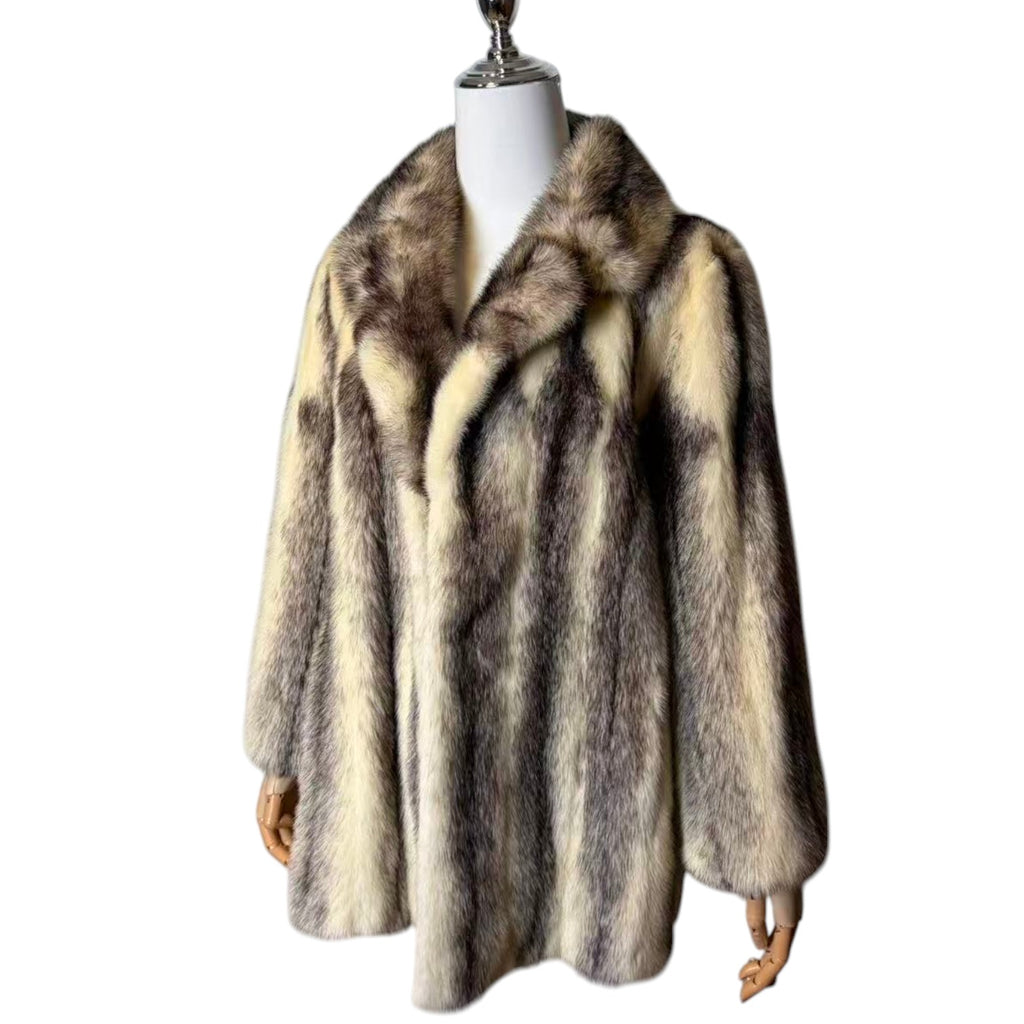 RARE CROSS MINK REAL FUR MID-LENGTH COAT JACKET GREY CREAM SHAWL COLLAR
