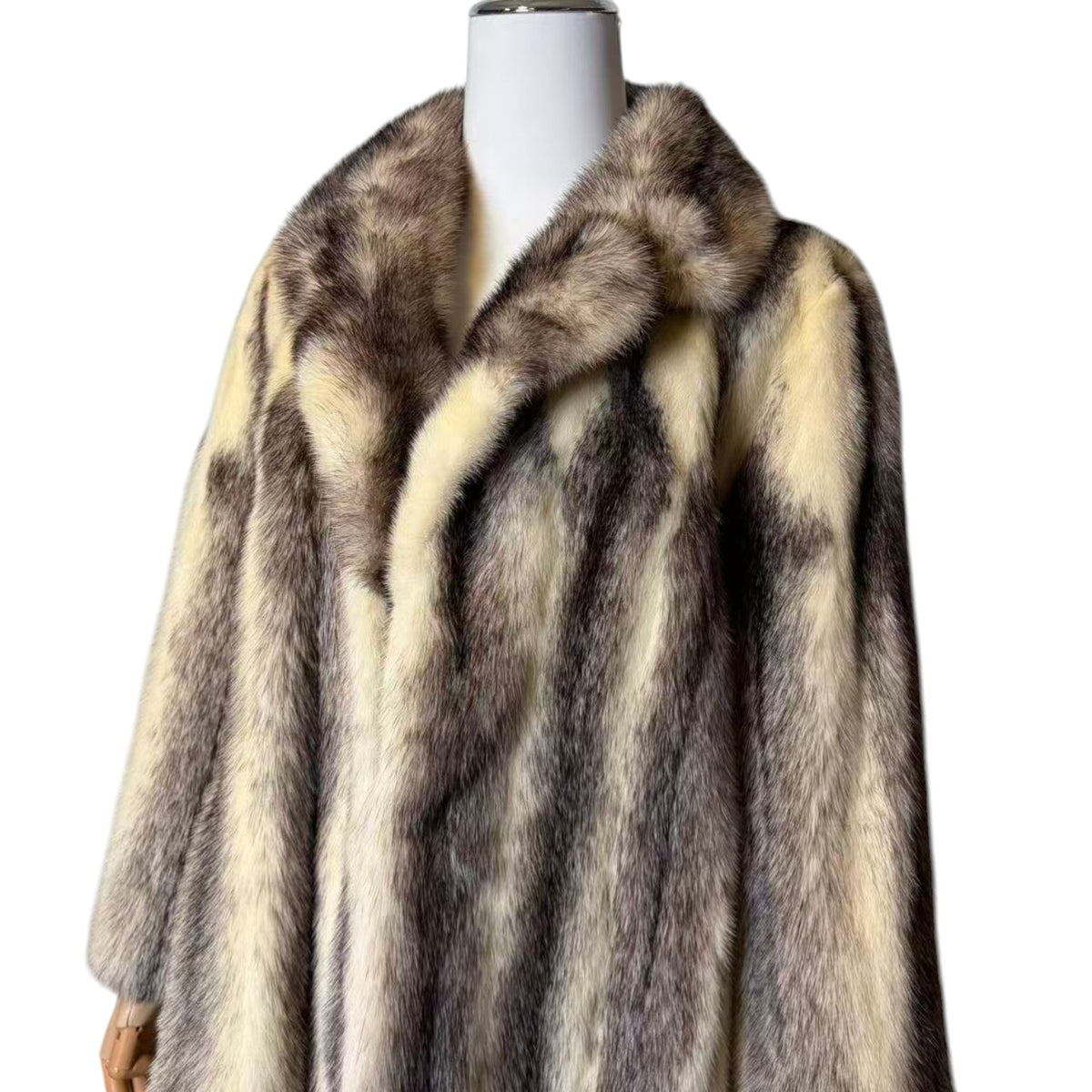 RARE CROSS MINK REAL FUR MID-LENGTH COAT JACKET GREY CREAM SHAWL COLLAR