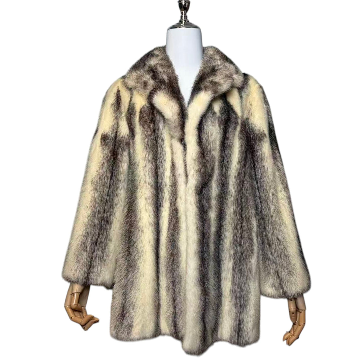 RARE CROSS MINK REAL FUR MID-LENGTH COAT JACKET GREY CREAM SHAWL COLLAR