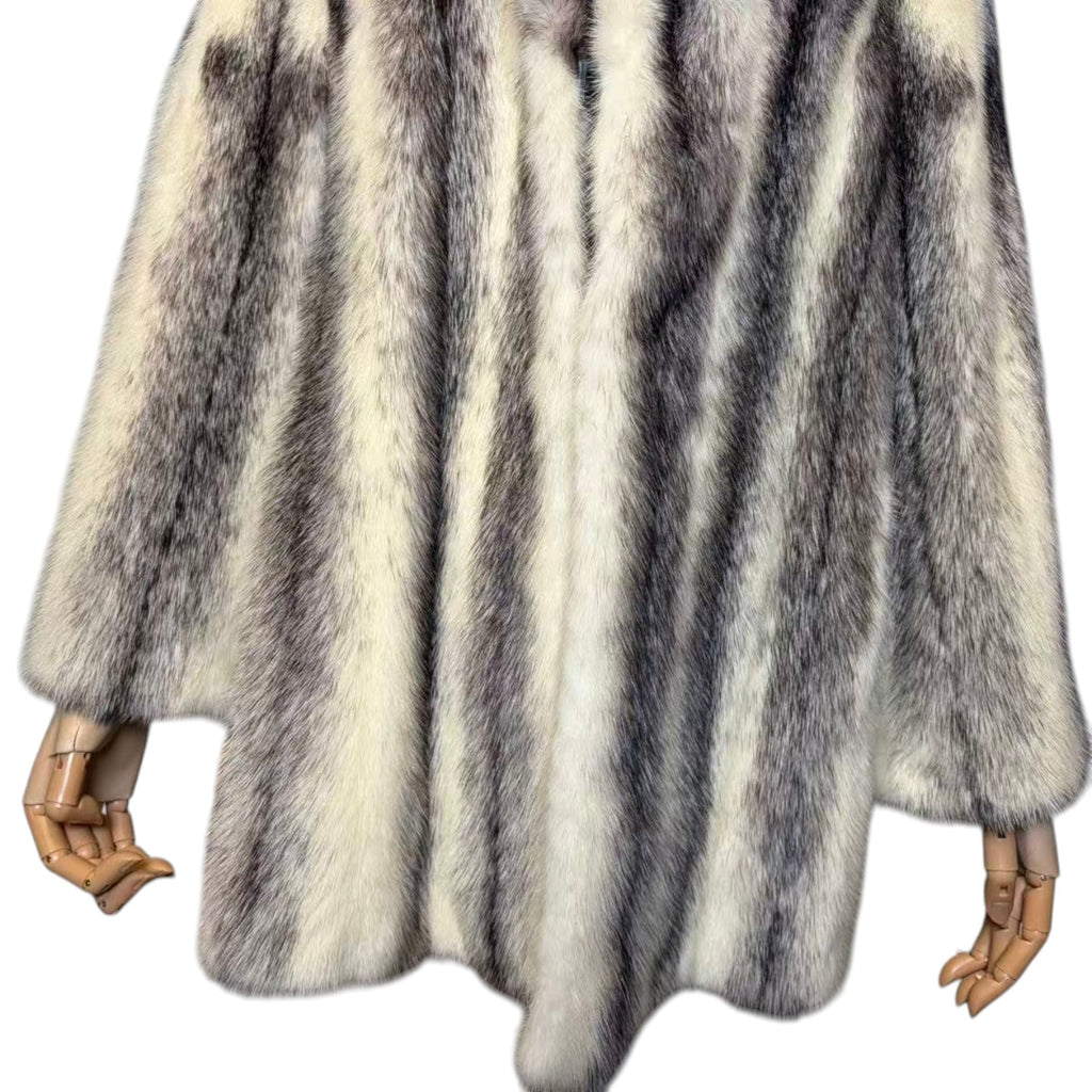 RARE CROSS MINK REAL FUR MID-LENGTH COAT JACKET GREY CREAM SHAWL COLLAR