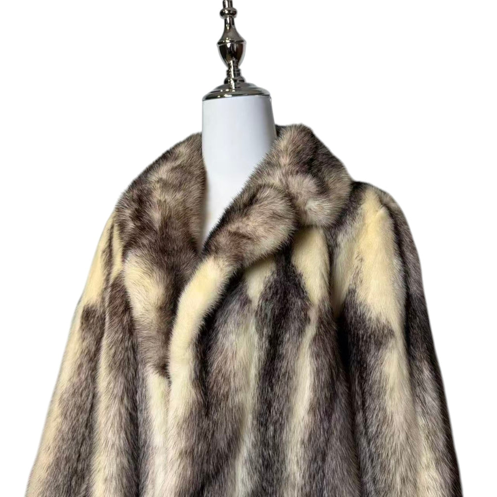 RARE CROSS MINK REAL FUR MID-LENGTH COAT JACKET GREY CREAM SHAWL COLLAR