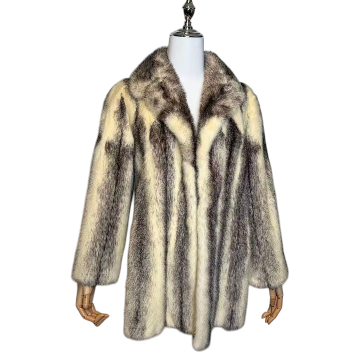 RARE CROSS MINK REAL FUR MID-LENGTH COAT JACKET GREY CREAM SHAWL COLLAR