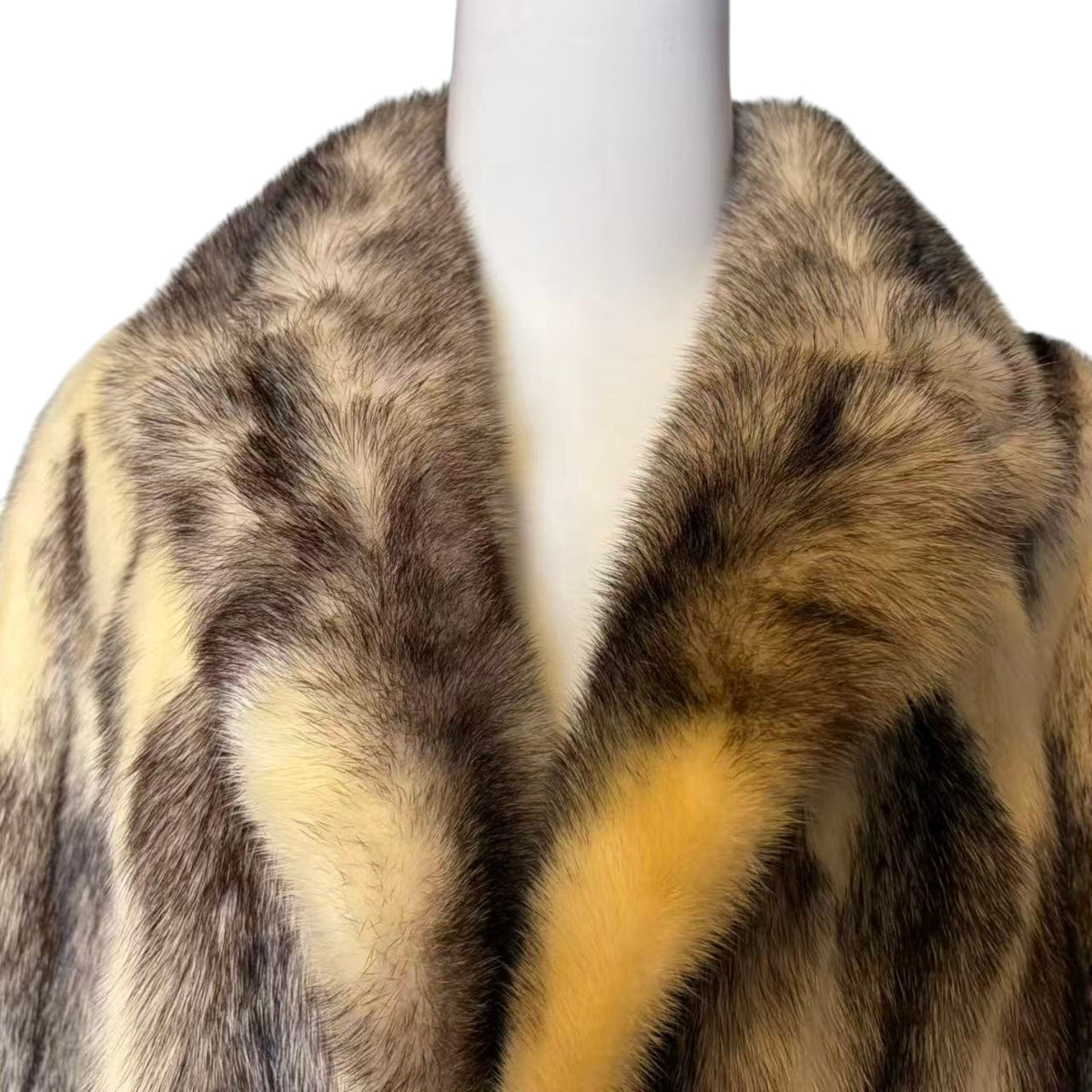 RARE CROSS MINK REAL FUR MID-LENGTH COAT JACKET GREY CREAM SHAWL COLLAR