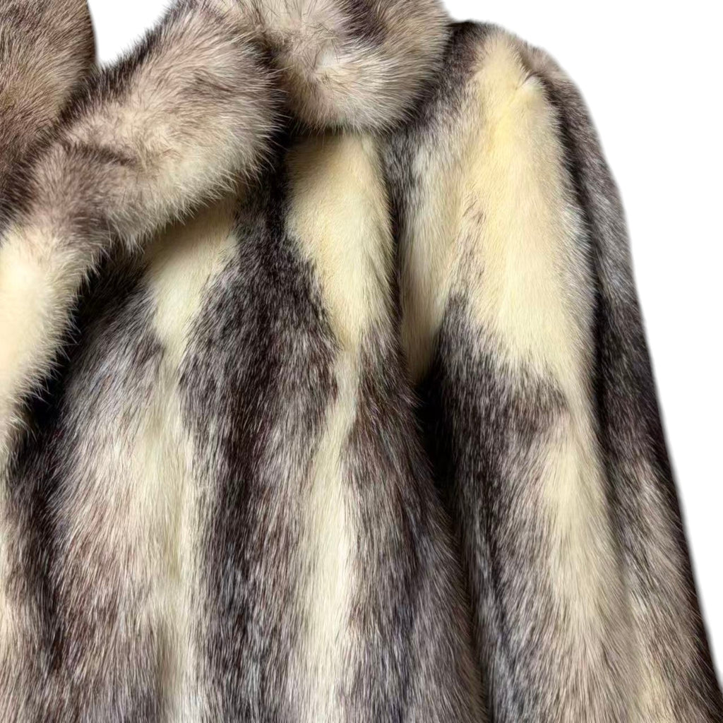 RARE CROSS MINK REAL FUR MID-LENGTH COAT JACKET GREY CREAM SHAWL COLLAR