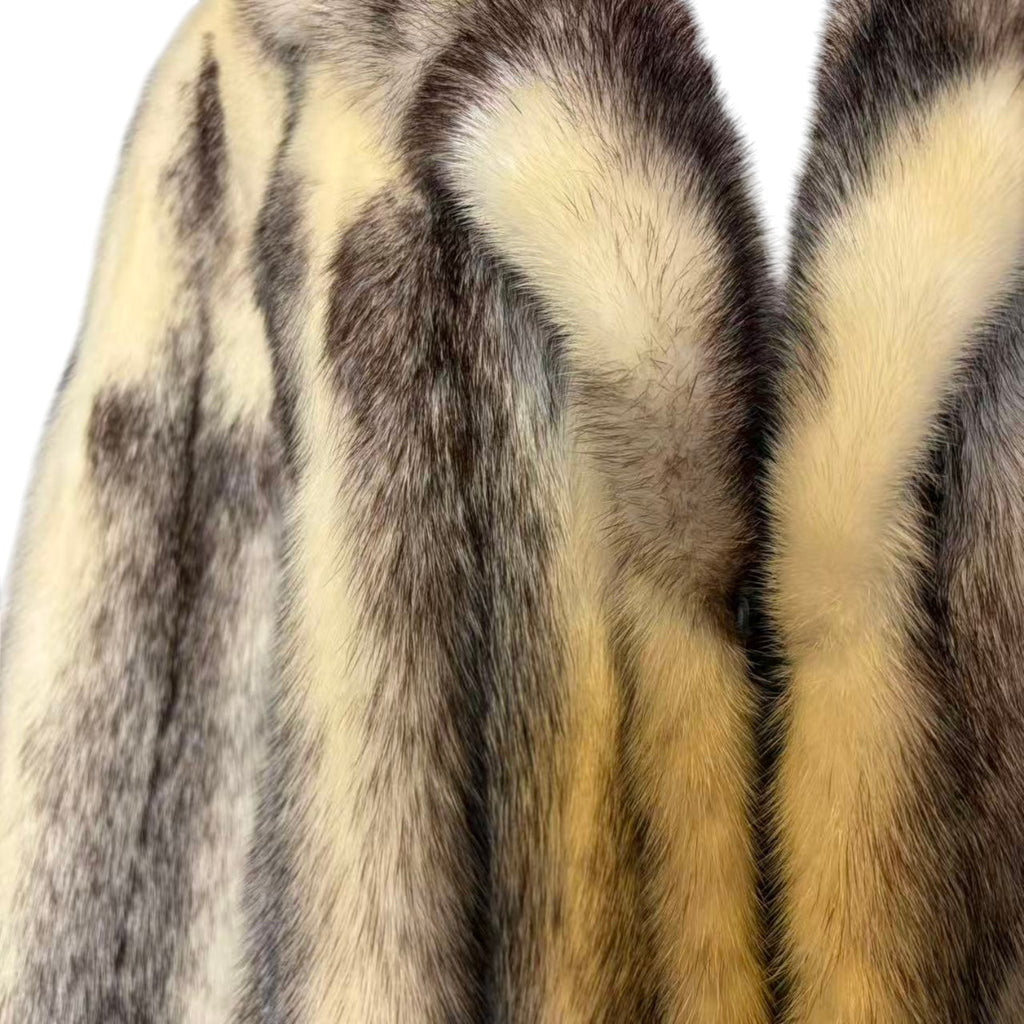 RARE CROSS MINK REAL FUR MID-LENGTH COAT JACKET GREY CREAM SHAWL COLLAR