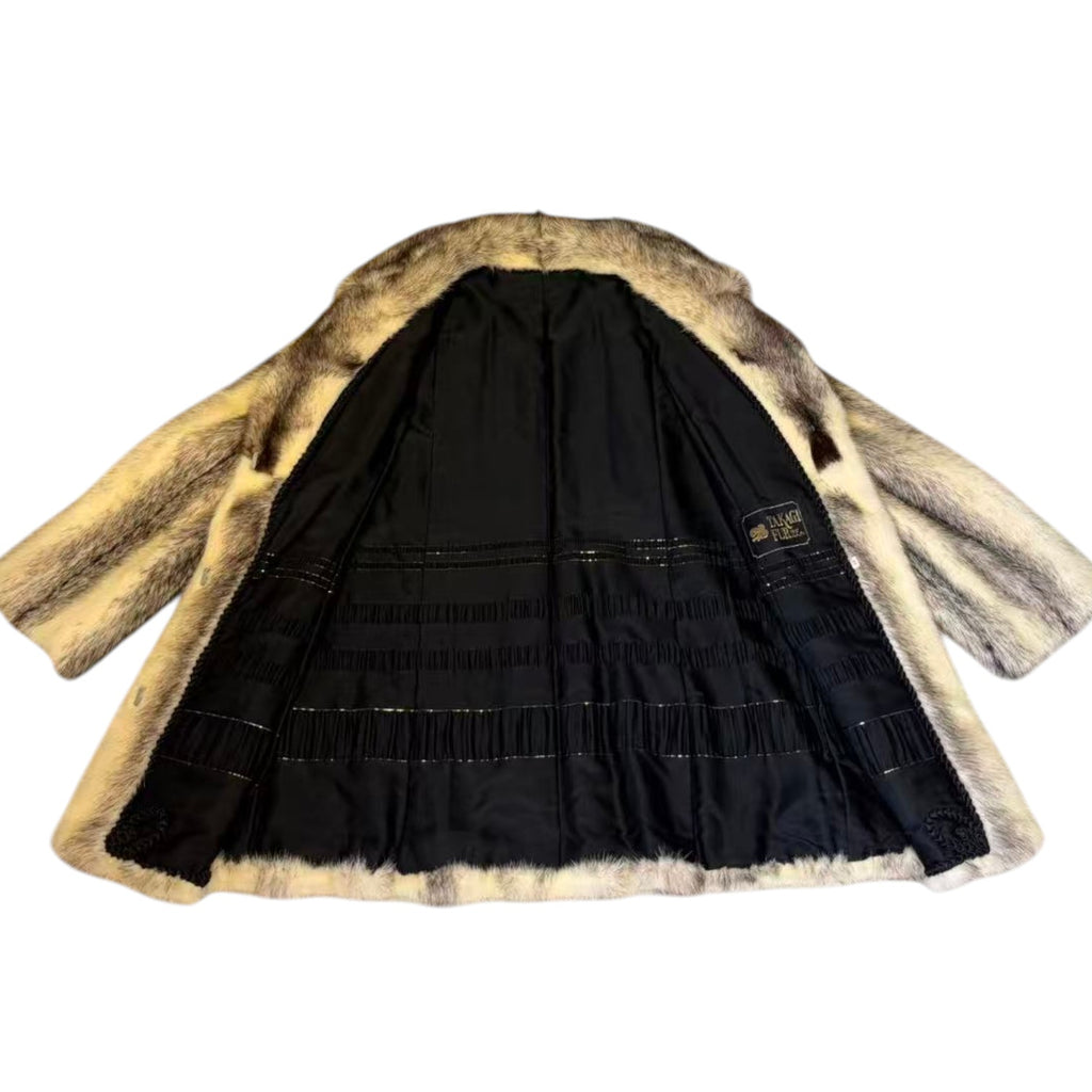 RARE CROSS MINK REAL FUR MID-LENGTH COAT JACKET GREY CREAM SHAWL COLLAR