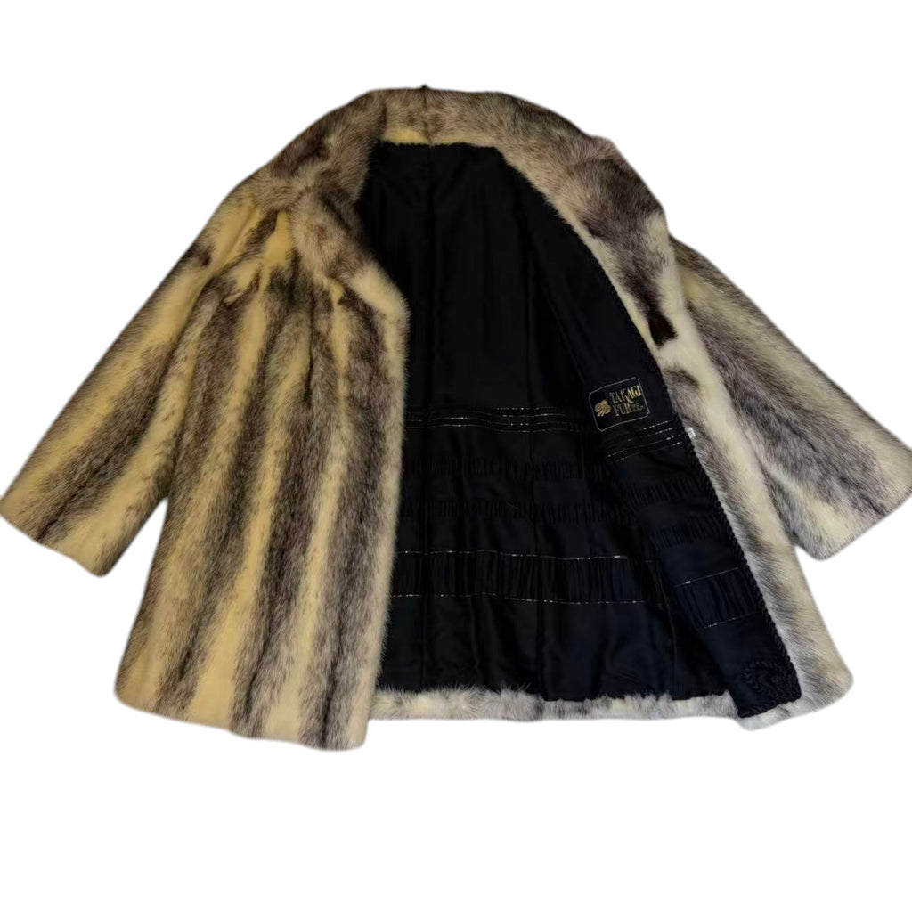 RARE CROSS MINK REAL FUR MID-LENGTH COAT JACKET GREY CREAM SHAWL COLLAR