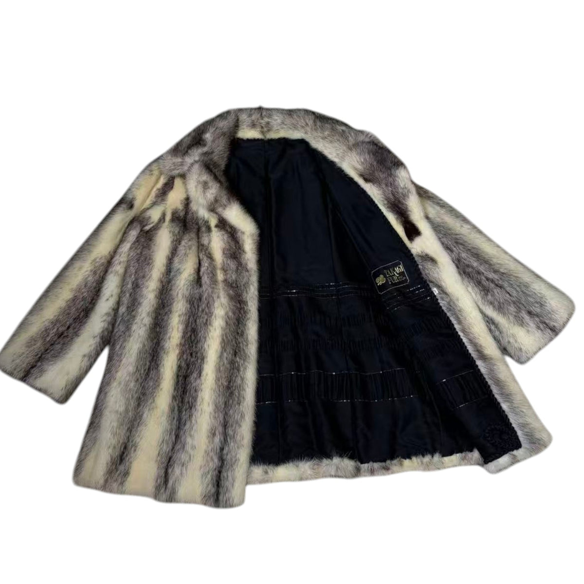 RARE CROSS MINK REAL FUR MID-LENGTH COAT JACKET GREY CREAM SHAWL COLLAR