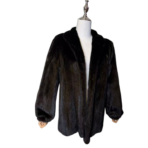 AUTHENTIC SAGA MINK REAL FUR COAT SILVER TAG BLACK SIZE 11 FROM JAPAN