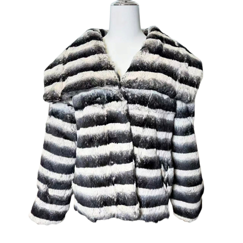 REAL REX RABBIT FUR JACKET COAT STRIPED BLACK WHITE SHORT SIZE L JAPAN image 1