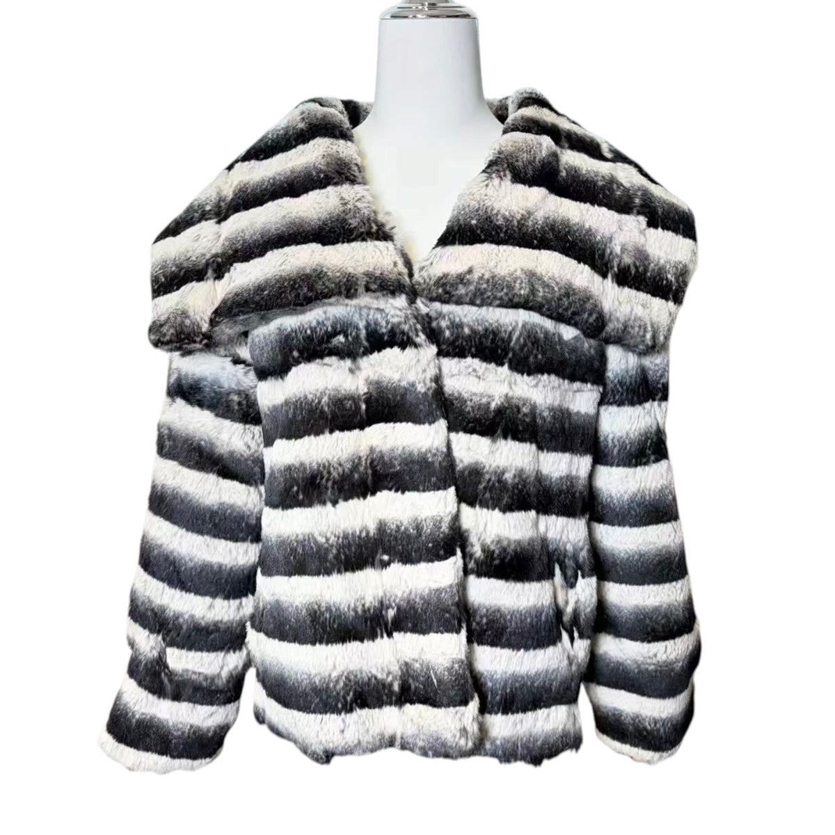 REAL REX RABBIT FUR JACKET COAT STRIPED BLACK WHITE SHORT SIZE L JAPAN image 1