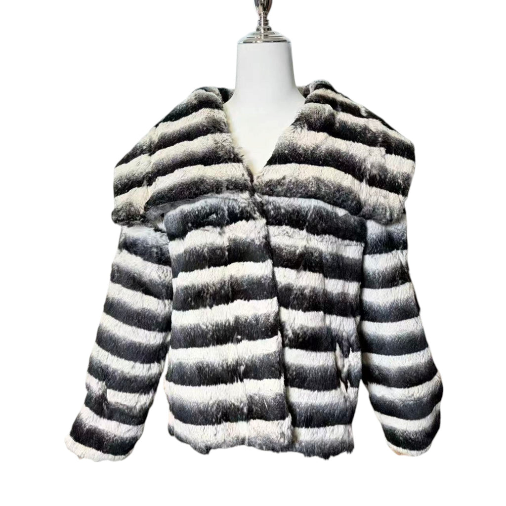 REAL REX RABBIT FUR JACKET COAT STRIPED BLACK WHITE SHORT SIZE L JAPAN image 2