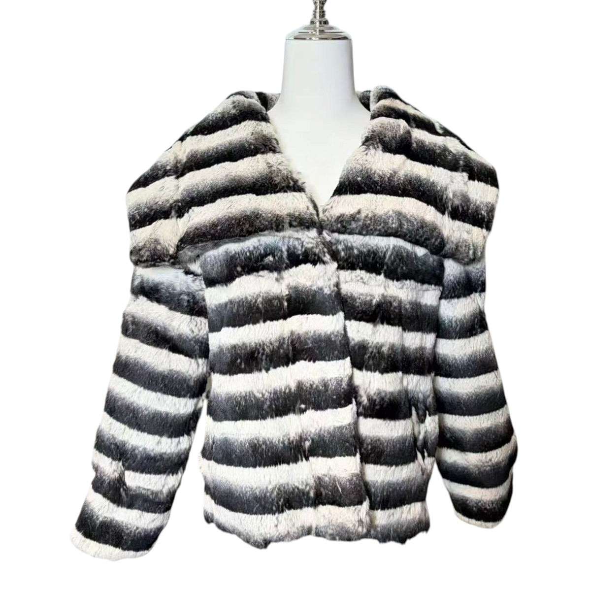 REAL REX RABBIT FUR JACKET COAT STRIPED BLACK WHITE SHORT SIZE L JAPAN image 3