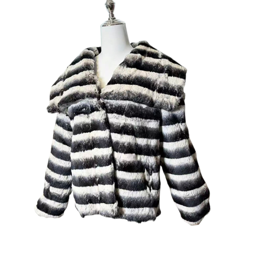 REAL REX RABBIT FUR JACKET COAT STRIPED BLACK WHITE SHORT SIZE L JAPAN image 4