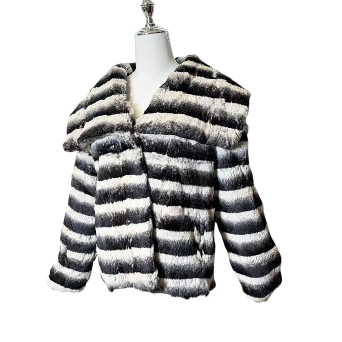 REAL REX RABBIT FUR JACKET COAT STRIPED BLACK WHITE SHORT SIZE L JAPAN image 4