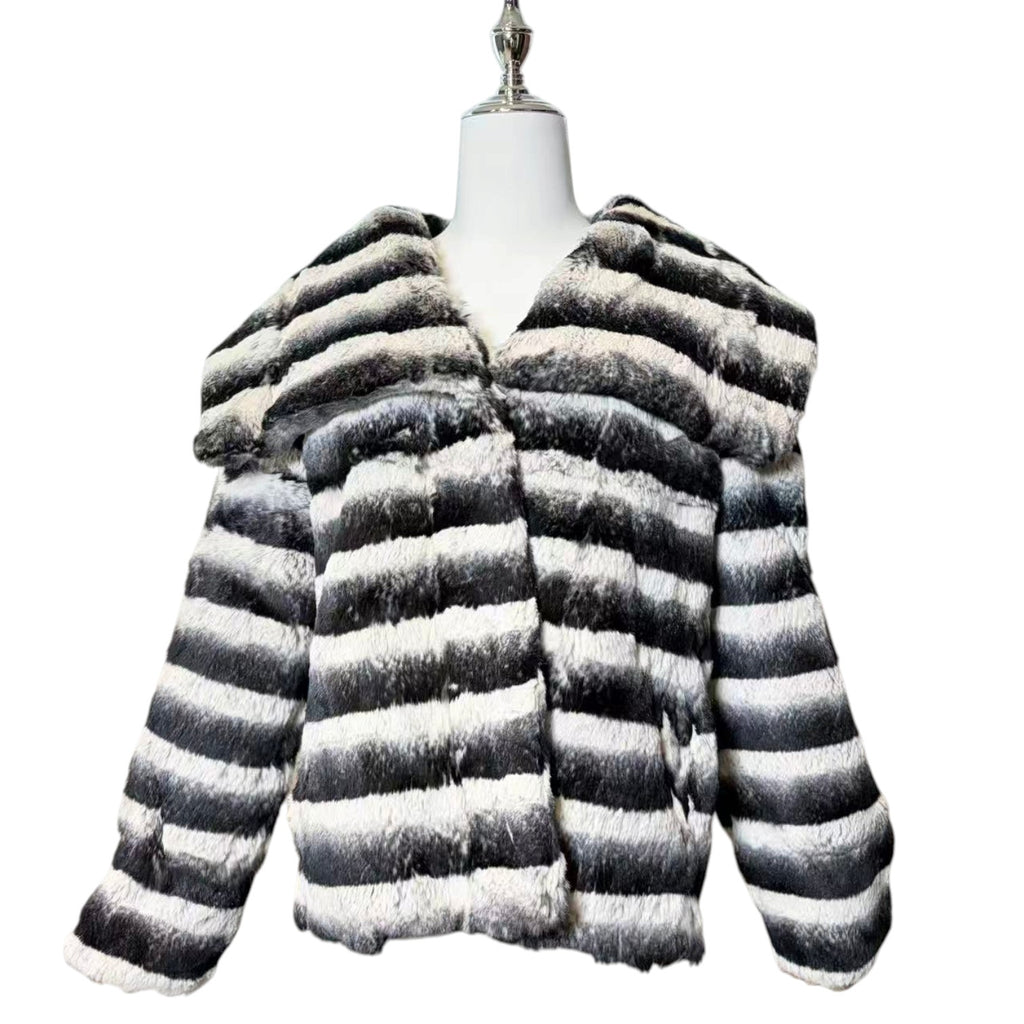 REAL REX RABBIT FUR JACKET COAT STRIPED BLACK WHITE SHORT SIZE L JAPAN image 5
