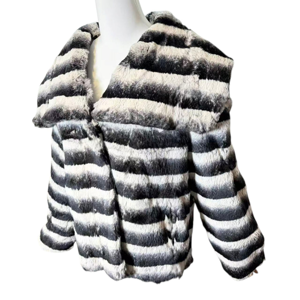 REAL REX RABBIT FUR JACKET COAT STRIPED BLACK WHITE SHORT SIZE L JAPAN image 6