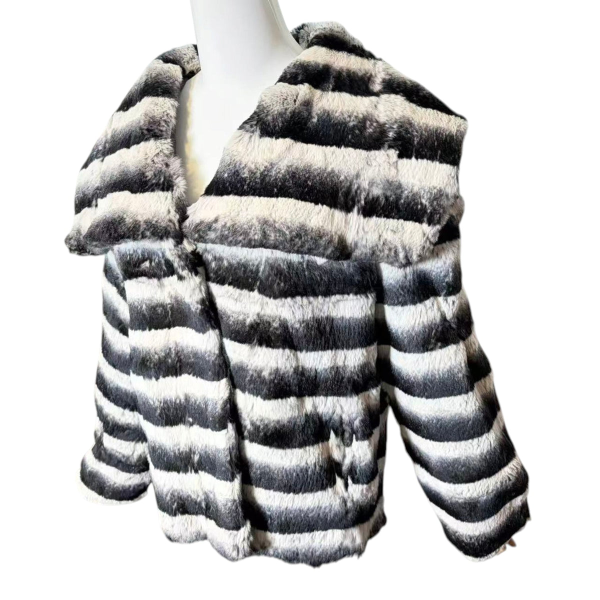 REAL REX RABBIT FUR JACKET COAT STRIPED BLACK WHITE SHORT SIZE L JAPAN image 6