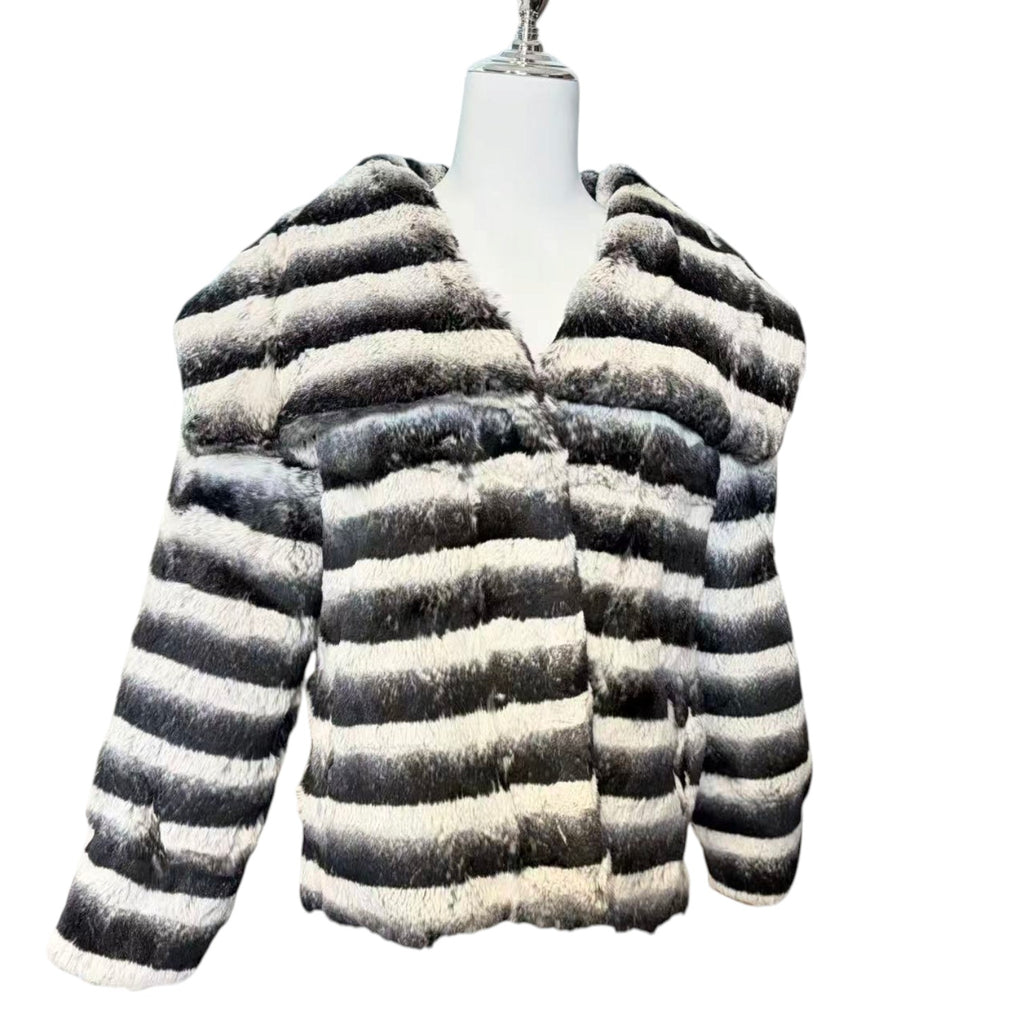 REAL REX RABBIT FUR JACKET COAT STRIPED BLACK WHITE SHORT SIZE L JAPAN image 8