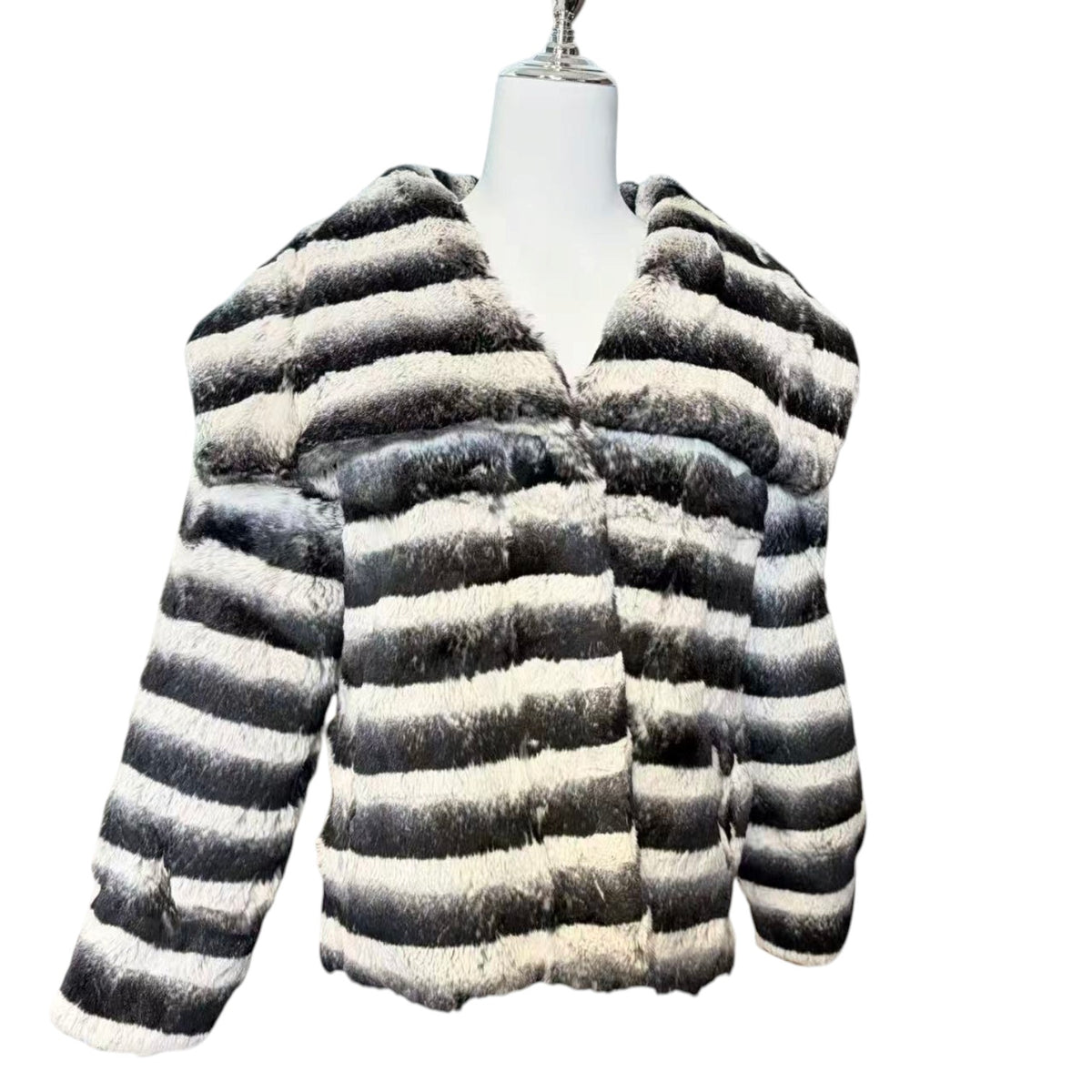 REAL REX RABBIT FUR JACKET COAT STRIPED BLACK WHITE SHORT SIZE L JAPAN image 8