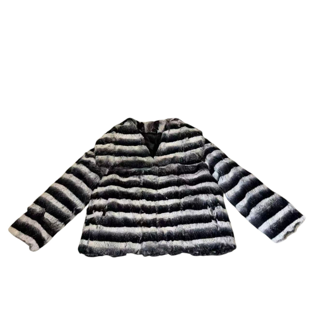 REAL REX RABBIT FUR JACKET COAT STRIPED BLACK WHITE SHORT SIZE L JAPAN image 10