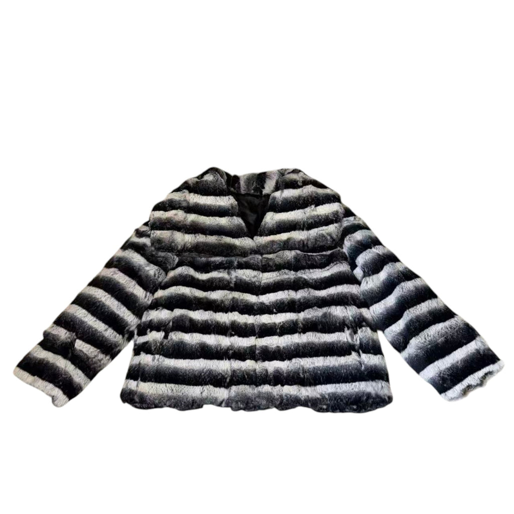 REAL REX RABBIT FUR JACKET COAT STRIPED BLACK WHITE SHORT SIZE L JAPAN image 12