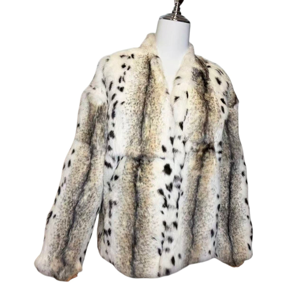 REAL RABBIT FUR JACKET COAT SNOW LEOPARD PRINT SHORT SIZE L FROM JAPAN image 2