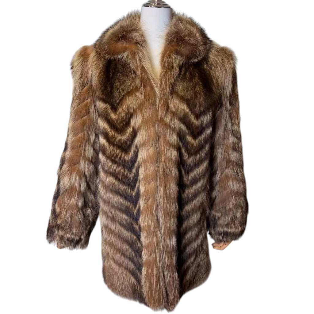VINTAGE REAL RACCOON FUR COAT JACKET BROWN CHEVRON STRIPE SIZE M FROM JAPAN image 1