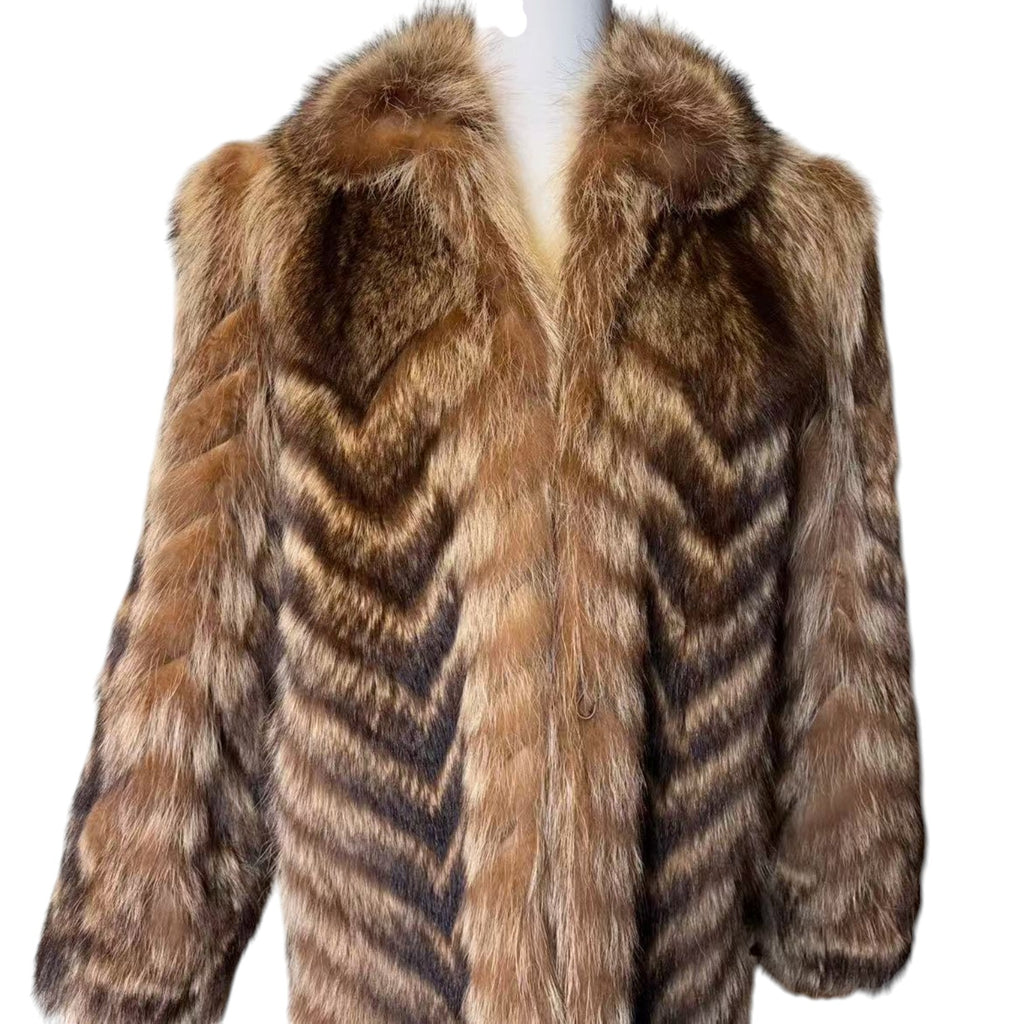 VINTAGE REAL RACCOON FUR COAT JACKET BROWN CHEVRON STRIPE SIZE M FROM JAPAN image 2