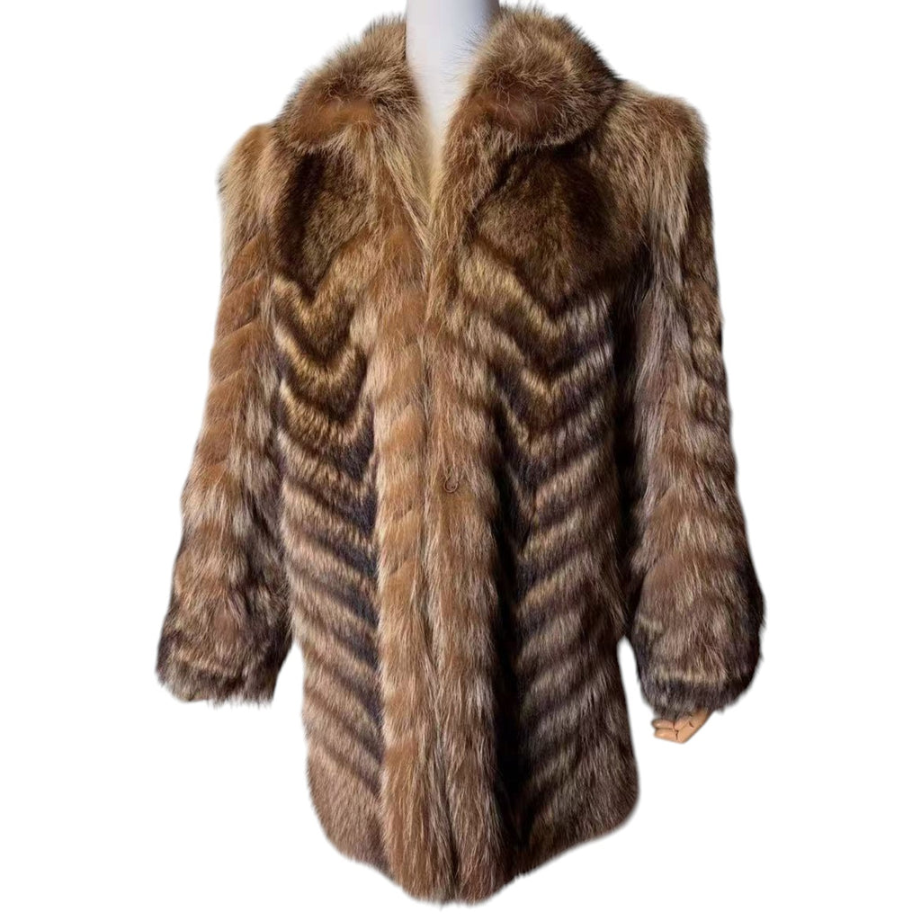 VINTAGE REAL RACCOON FUR COAT JACKET BROWN CHEVRON STRIPE SIZE M FROM JAPAN image 3