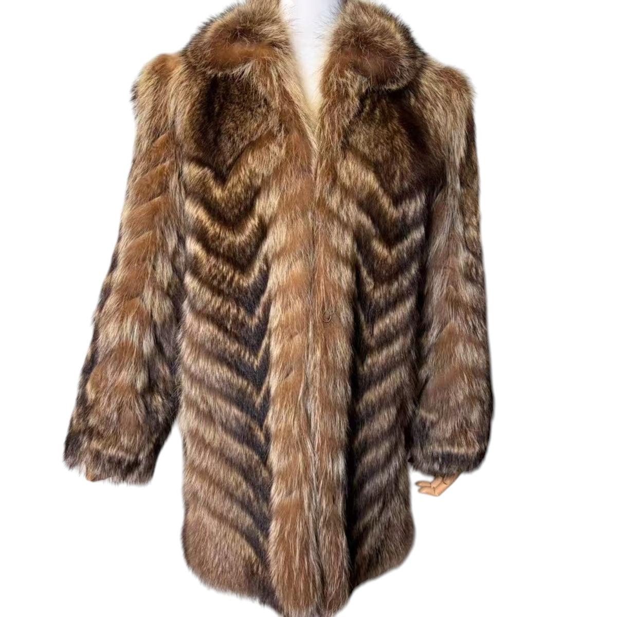 VINTAGE REAL RACCOON FUR COAT JACKET BROWN CHEVRON STRIPE SIZE M FROM JAPAN image 4