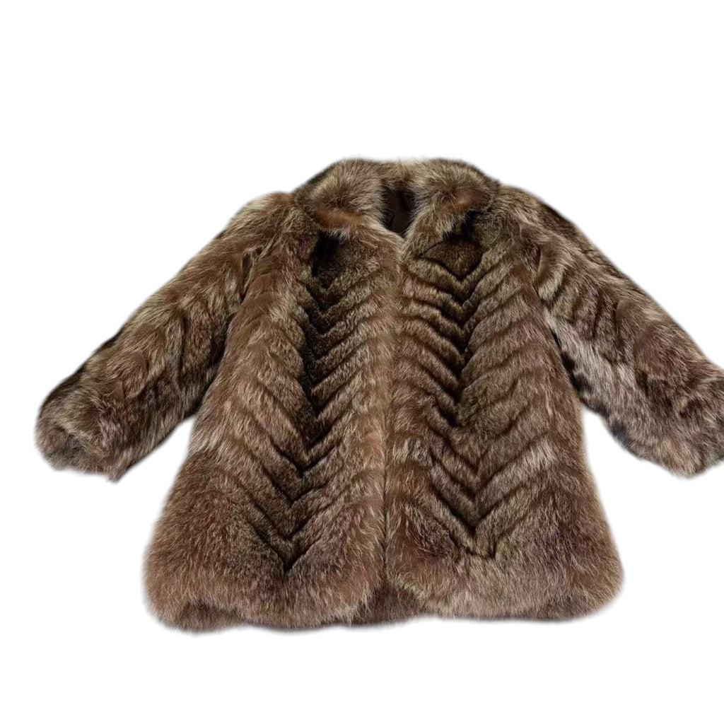 VINTAGE REAL RACCOON FUR COAT JACKET BROWN CHEVRON STRIPE SIZE M FROM JAPAN image 6