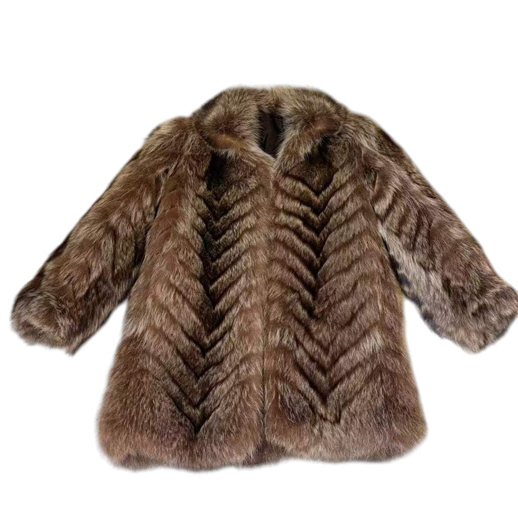 VINTAGE REAL RACCOON FUR COAT JACKET BROWN CHEVRON STRIPE SIZE M FROM JAPAN image 7