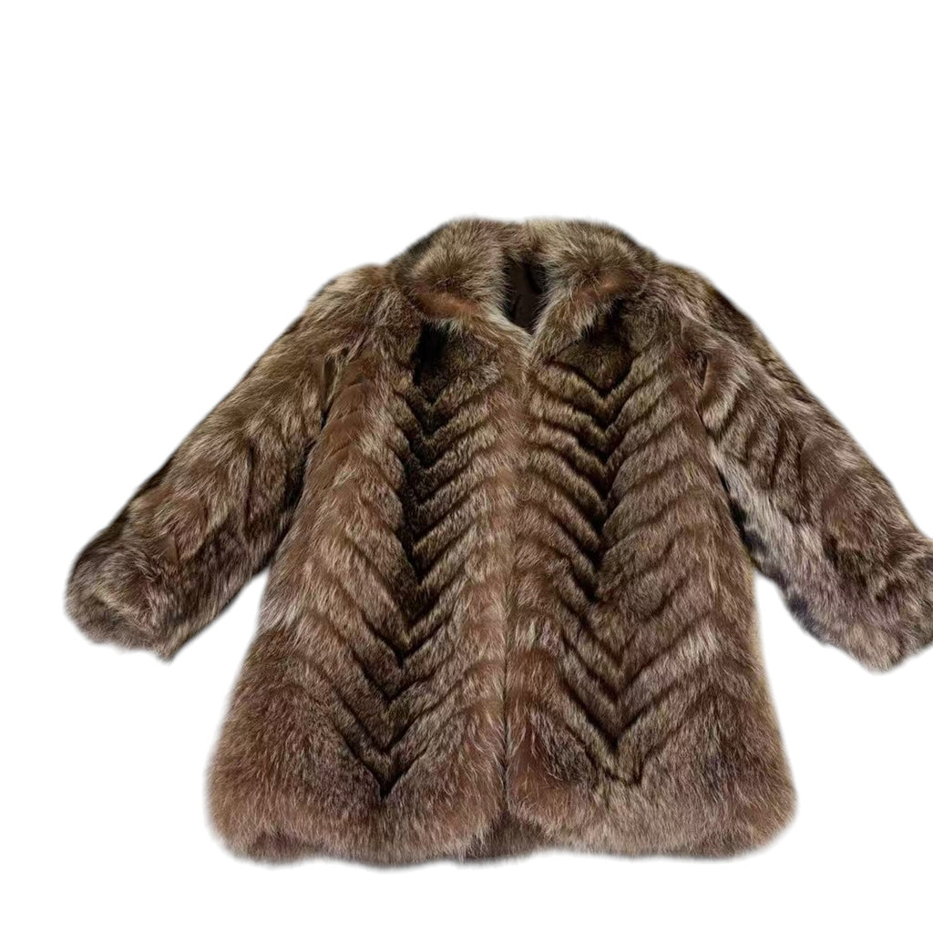 VINTAGE REAL RACCOON FUR COAT JACKET BROWN CHEVRON STRIPE SIZE M FROM JAPAN image 8