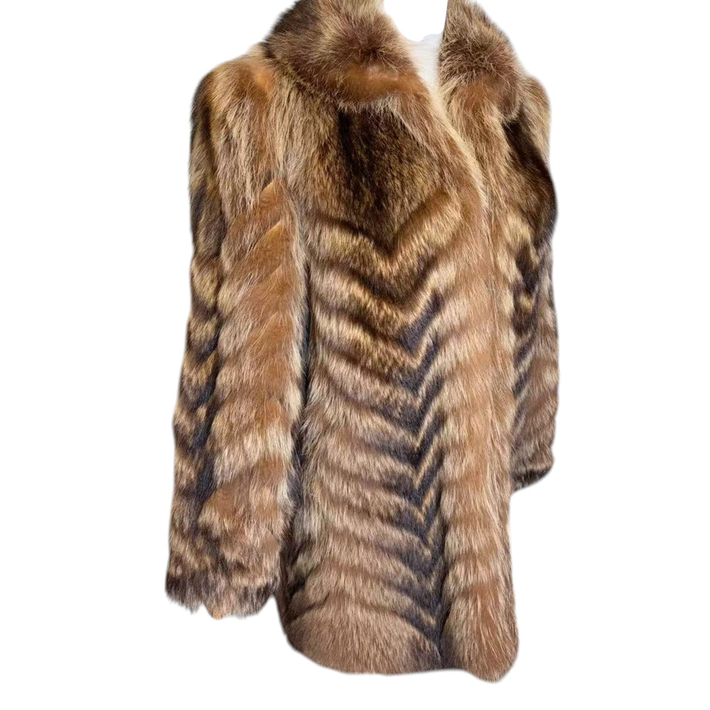 VINTAGE REAL RACCOON FUR COAT JACKET BROWN CHEVRON STRIPE SIZE M FROM JAPAN image 10