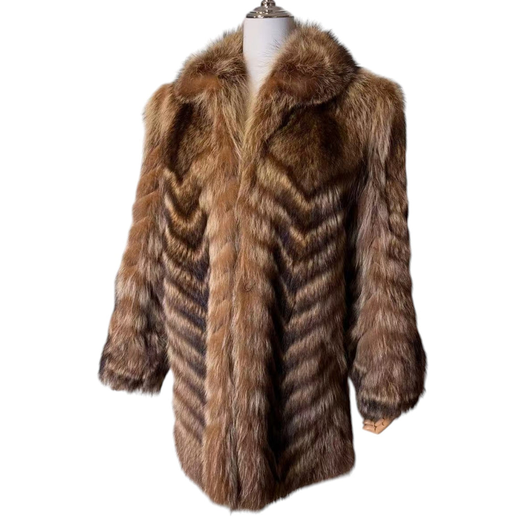 VINTAGE REAL RACCOON FUR COAT JACKET BROWN CHEVRON STRIPE SIZE M FROM JAPAN image 11