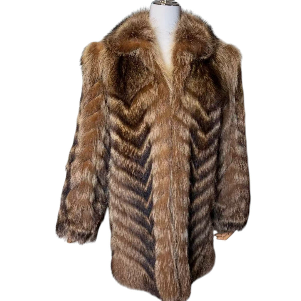 VINTAGE REAL RACCOON FUR COAT JACKET BROWN CHEVRON STRIPE SIZE M FROM JAPAN image 12