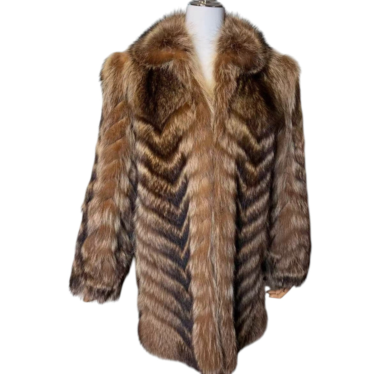 VINTAGE REAL RACCOON FUR COAT JACKET BROWN CHEVRON STRIPE SIZE M FROM JAPAN image 12