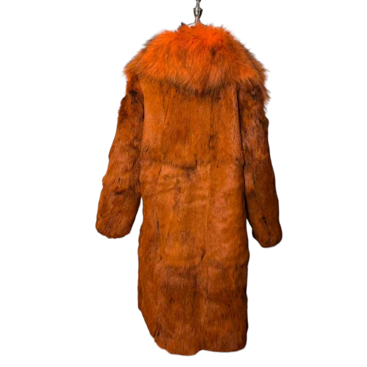 VIVID FIERY RED RABBIT FUR COAT HUGE FOX FUR COLLAR LONG JACKET OVERCOAT image 1