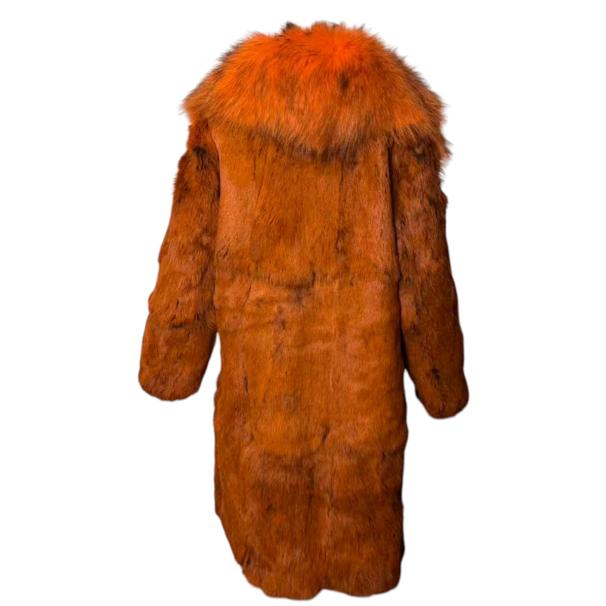 VIVID FIERY RED RABBIT FUR COAT HUGE FOX FUR COLLAR LONG JACKET OVERCOAT image 2