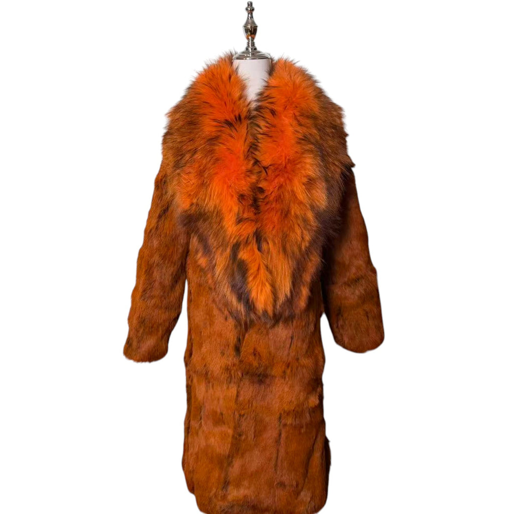 VIVID FIERY RED RABBIT FUR COAT HUGE FOX FUR COLLAR LONG JACKET OVERCOAT image 3