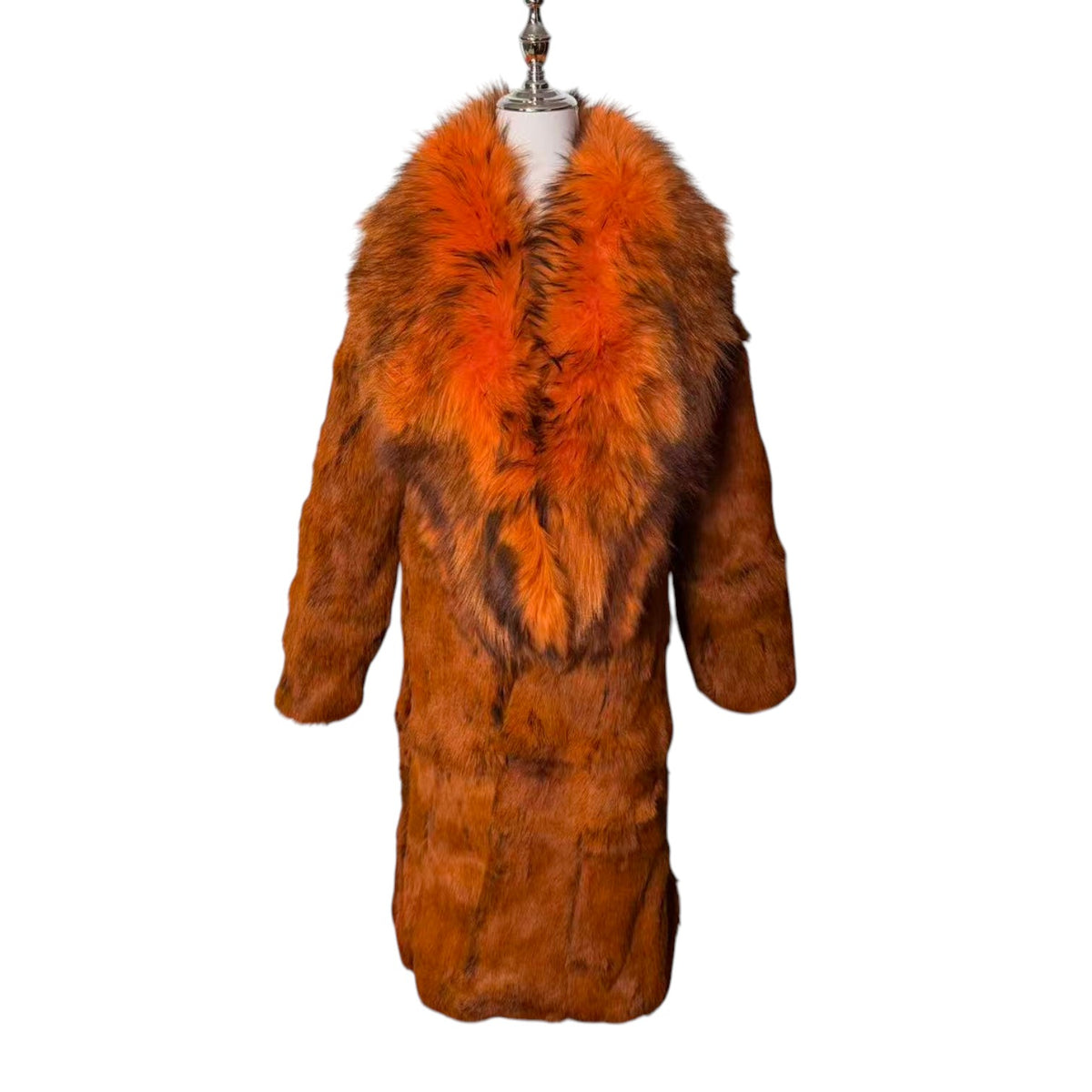 VIVID FIERY RED RABBIT FUR COAT HUGE FOX FUR COLLAR LONG JACKET OVERCOAT image 4