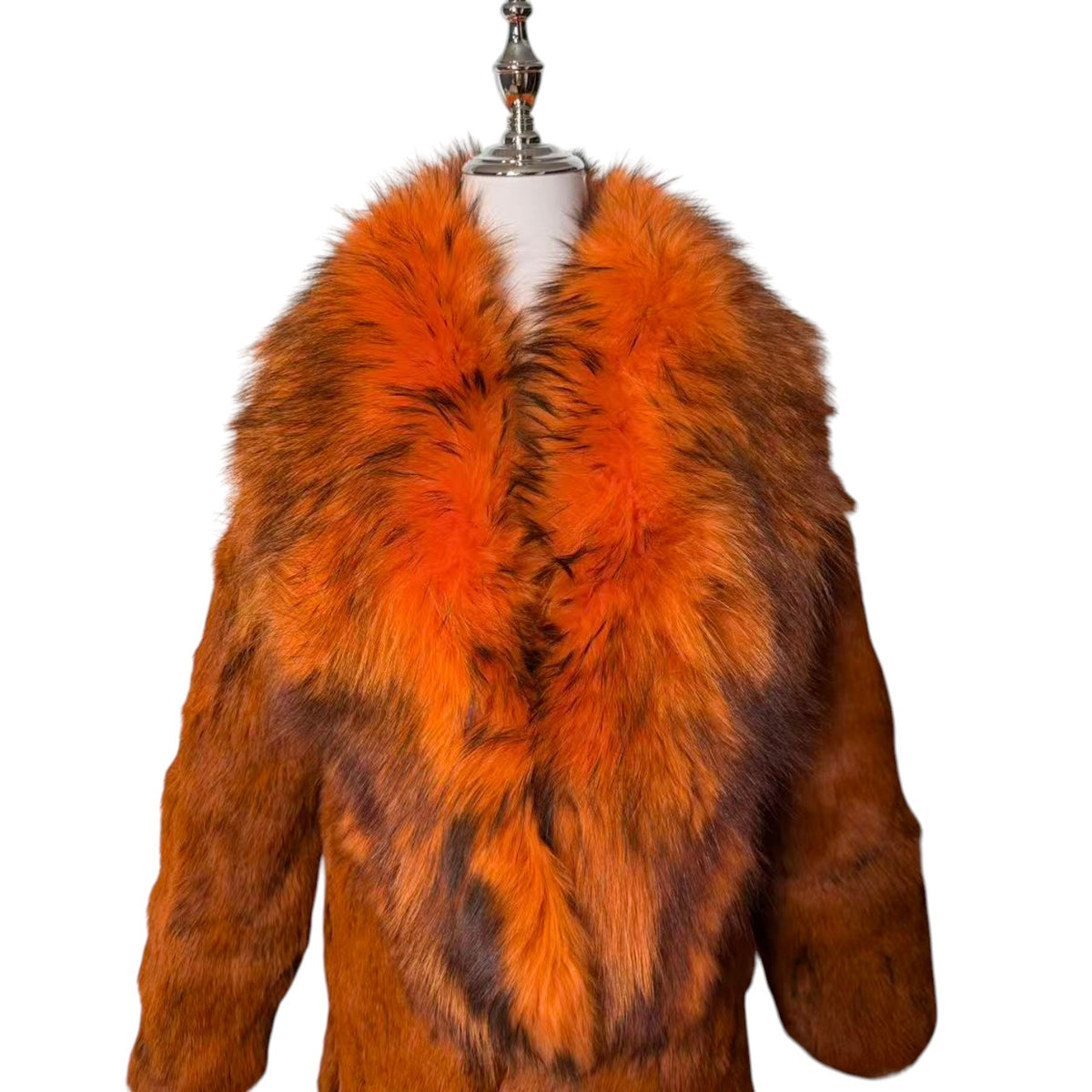 VIVID FIERY RED RABBIT FUR COAT HUGE FOX FUR COLLAR LONG JACKET OVERCOAT image 5