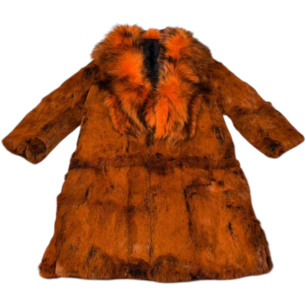 VIVID FIERY RED RABBIT FUR COAT HUGE FOX FUR COLLAR LONG JACKET OVERCOAT image 6