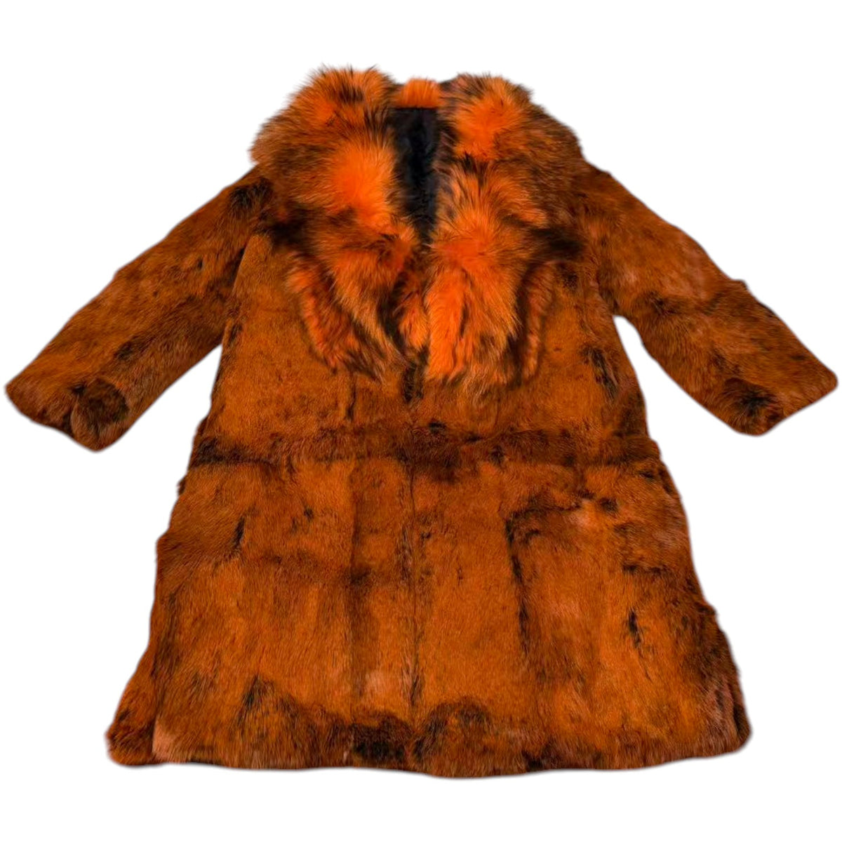 VIVID FIERY RED RABBIT FUR COAT HUGE FOX FUR COLLAR LONG JACKET OVERCOAT image 6