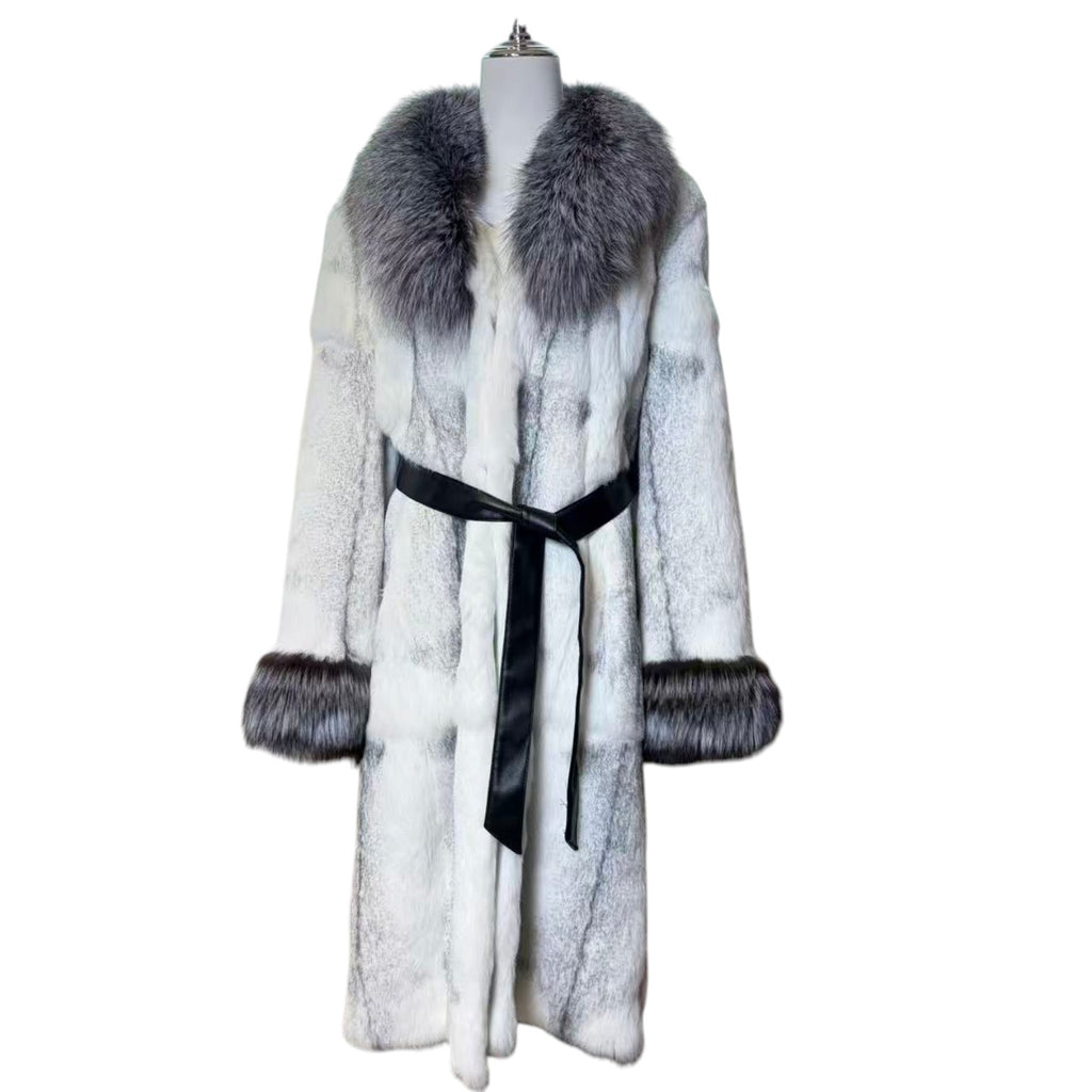 LUXURY RABBIT FUR LONG COAT DYED BLUE FOX COLLAR CUFFS BELTED JAPAN image 1